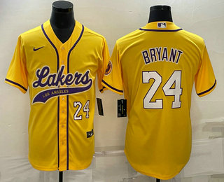 Mens Los Angeles Lakers #24 Kobe Bryant Number Yellow With Patch Cool Base Stitched Baseball Jersey->->NBA Jersey